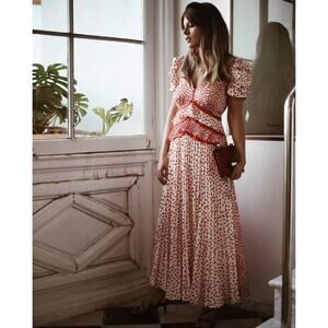 Self-Portrait Dot Satin Printed Dress Red Cream Size 0 Pleated Ruffles Chic Sexy